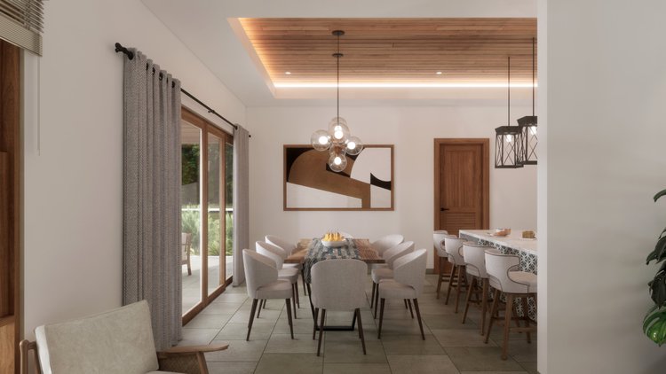 Modern dining room with a wooden table surrounded by ten white upholstered chairs, a wall-mounted abstract art piece, a chandelier with multiple glass globes, sliding glass doors with curtains, and a kitchen bar with barstools.