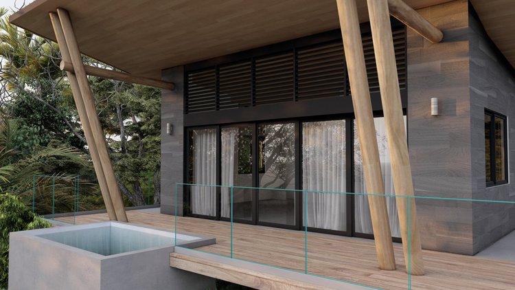 Modern house with large glass sliding doors, wooden deck, and unique angled wooden support beams on the balcony, surrounded by trees.