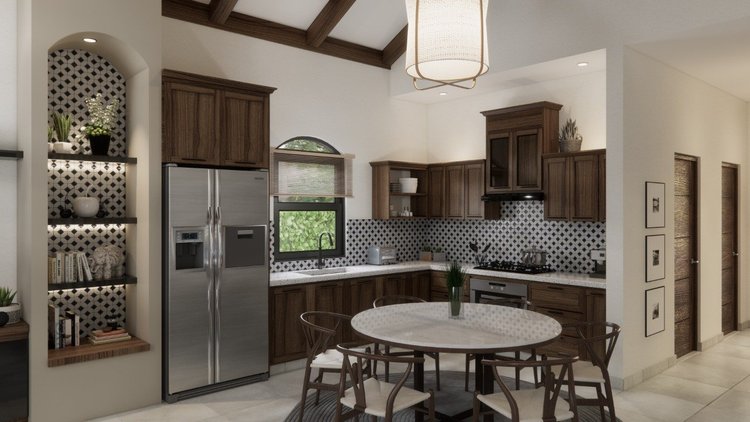 Kitchen with wooden cabinets, a stainless steel refrigerator, and a round dining table with six chairs. Includes a window with blinds, open shelves with decor, and a patterned backsplash.