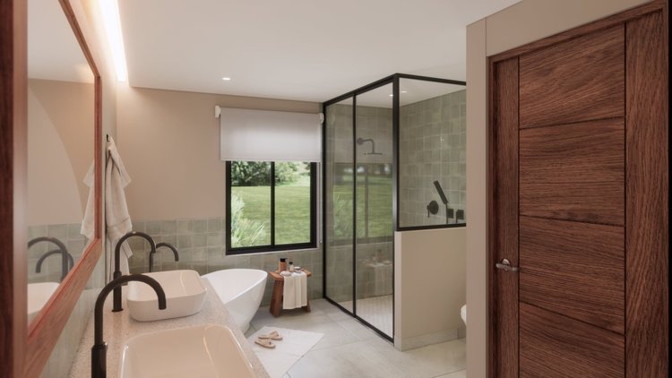 Modern bathroom with dual sinks, a freestanding bathtub, a glass-enclosed shower, a window with a roller shade, and wooden accents.