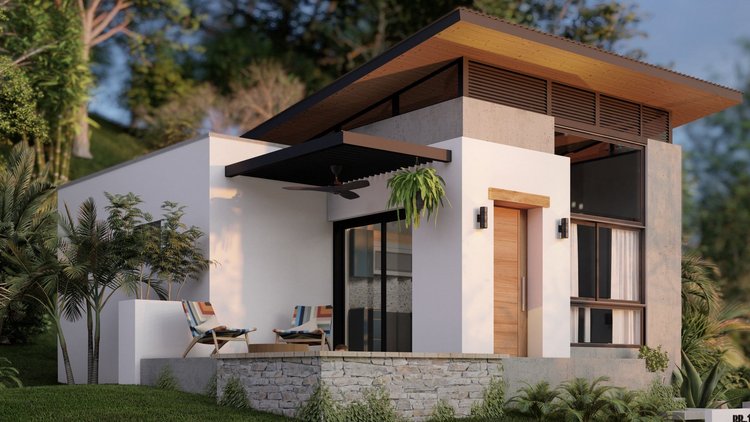 Modern house with white walls, wooden accents, large windows, and a flat roof surrounded by lush greenery and plants.