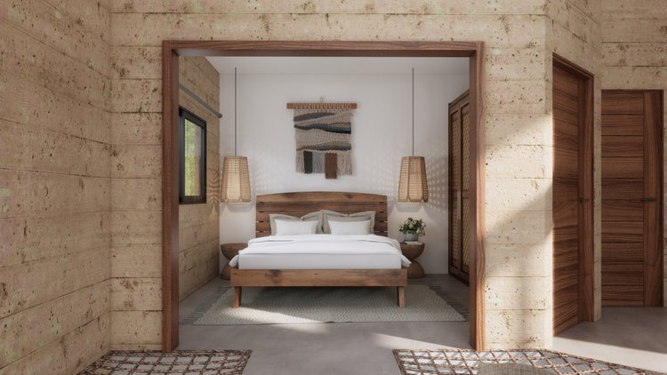 A bedroom with a wooden bed, white bedding, wall decor, hanging lamps on each side, a bedside plant, and natural light coming through a window.