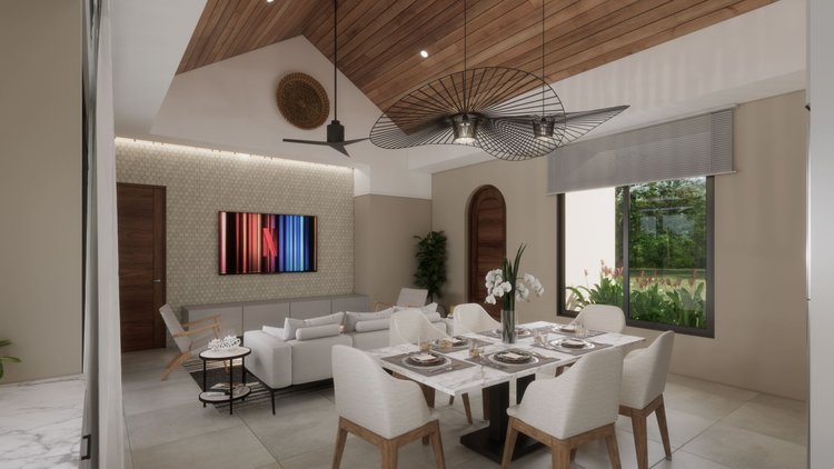 Modern living and dining room with a white sofa, dining table set for six, a large window with greenery outside, a wall-mounted TV, and a wooden ceiling with contemporary light fixtures.