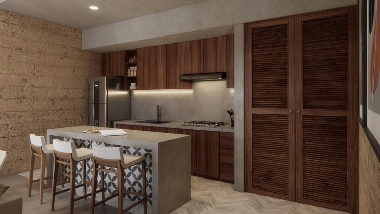 Modern kitchen with wooden cabinets, stainless steel refrigerator, and a beige island with patterned tiles on the side, surrounded by white bar stools with wooden legs.