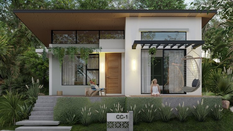 Modern house with large windows, a wooden front door, outdoor seating, hanging chair, greenery, and a person sitting on the porch.