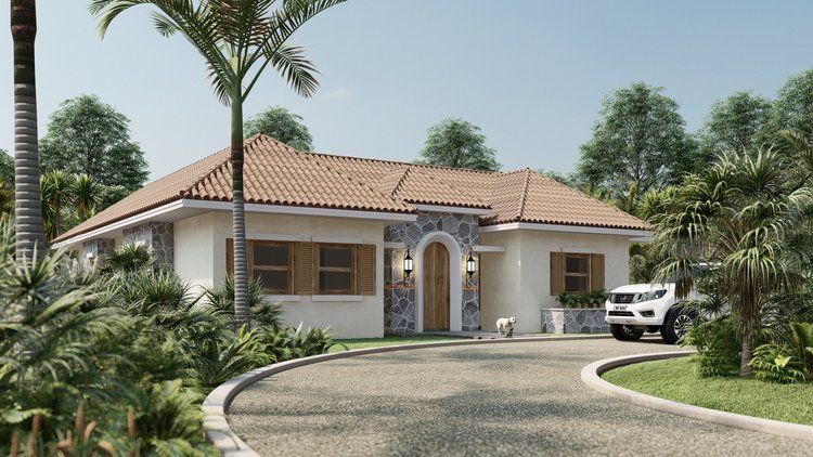 A house with a tiled roof, stone and stucco walls, surrounded by tropical plants and trees. There is a curved driveway with a white SUV and a small dog near the entrance.
