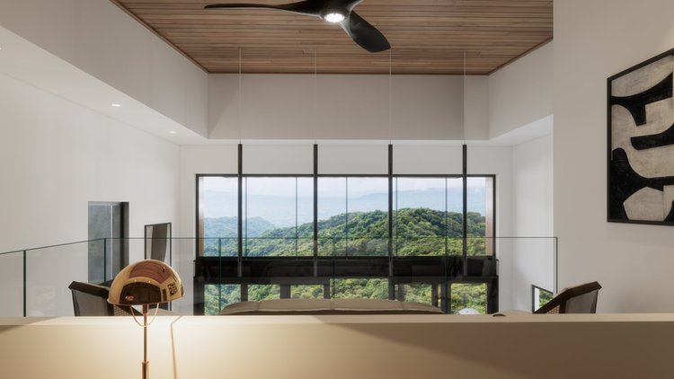 Modern interior living space with large window view of lush green mountains, ceiling fan, contemporary artwork on the wall, and minimalist decor.