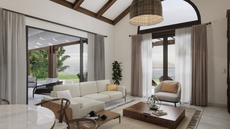 Living room with large sliding glass doors opening to a patio with outdoor furniture and a view of a green landscape and water. Interior features include a white sofa, an armchair with a beige pillow, a wooden coffee table, a potted plant, and neutra