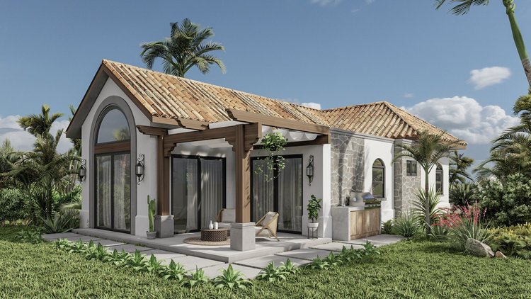 A modern house with a terracotta tiled roof, stone accents, and large glass sliding doors surrounded by lush greenery and tall palm trees.