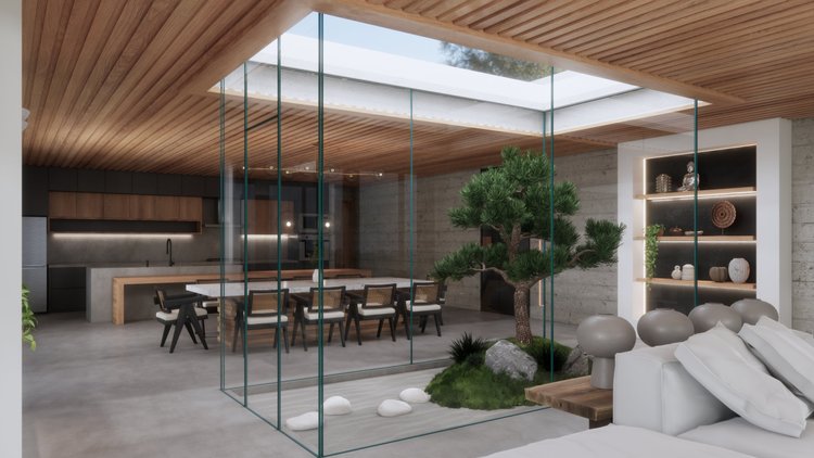 Modern open-concept living space with a glass-enclosed indoor garden and a kitchen with a dining area, featuring wooden accents, concrete walls, and decor.