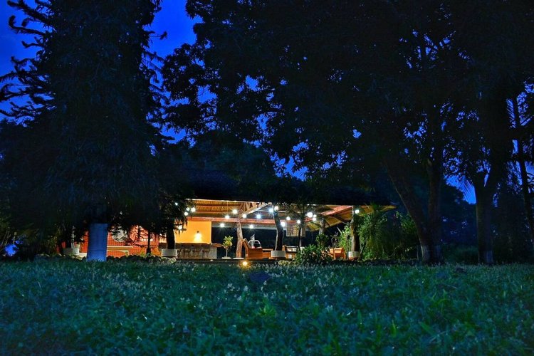 Nighttime view of a lit outdoor pavilion or restaurant surrounded by trees, with a grassy foreground.