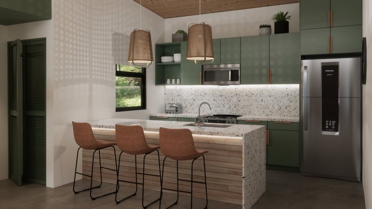 Modern kitchen with green cabinets, terrazzo countertops, three brown bar stools, wooden ceiling, hanging pendant lights, window with greenery, and stainless steel refrigerator.