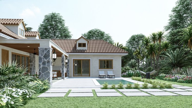 Backyard view of a modern house with a swimming pool, patio, garden, and tropical trees.