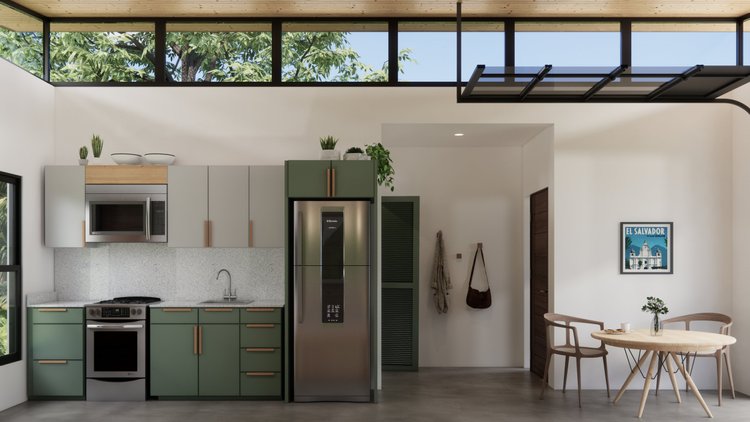 Modern kitchen with green and gray cabinets, stainless steel appliances, kitchen table, and chairs in a bright room with large windows and a framed picture on the wall.