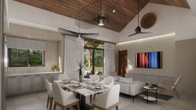 A modern open-plan living and dining area with large windows, white walls, wooden ceiling, ceiling fans, hanging light fixtures, a wall-mounted TV, a dining table with eight chairs, a white sofa, armchairs, a coffee table, and decorative plants and a