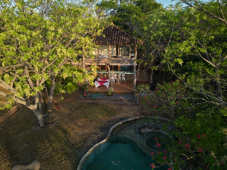 A two-story house with a tiled roof, surrounded by lush green trees, with a patio area and a swimming pool in the foreground.