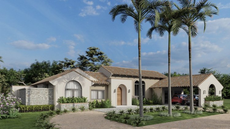Modern villa with a terracotta tiled roof, arched windows, surrounded by palm trees and landscaped garden, with a clear blue sky overhead.
