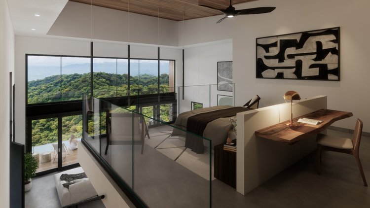 Modern bedroom with large window overlooking green hills, a bed with dark bedding, abstract wall art, a wooden desk with a lamp, and a chair.