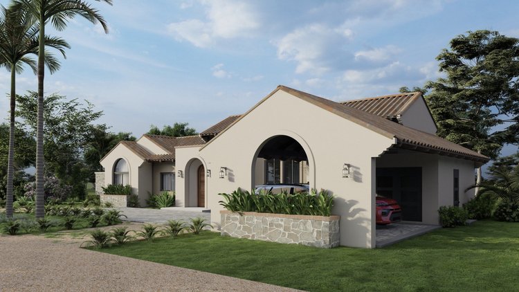 A modern single-story house with a beige exterior, brown tiled roof, arched windows, and front yard greenery including palm trees and shrubs. The house has a driveway with a red car parked in a garage.