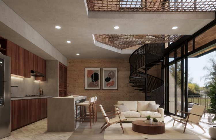Modern open-concept living room and kitchen with a spiral staircase, artwork on the wall, large glass windows, and outdoor scenery.