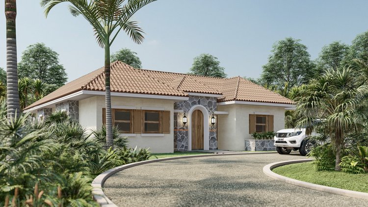 A tropical single-story house with a tiled roof, stone and stucco exterior, wooden shutters on the windows, and a curved driveway leading to a white SUV. The house is surrounded by lush greenery and tall trees.