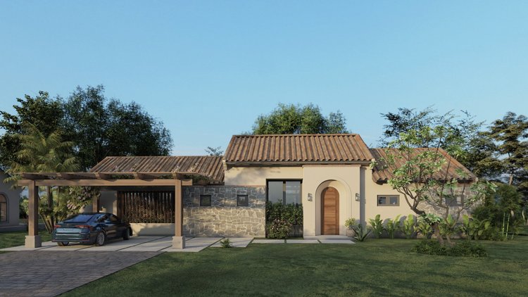 A house with a tiled roof, stone accents, and a wooden arched front door, featuring a carport with a black car, trees, and a lawn under a clear blue sky.