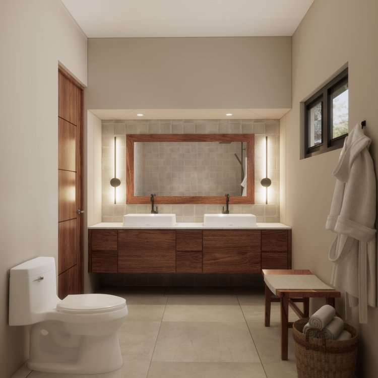 Bathroom with double vanity, large mirror, wall-mounted lights, wooden storage cabinet, white toilet, small window, and towel rack with towel, beige walls, tile floor.
