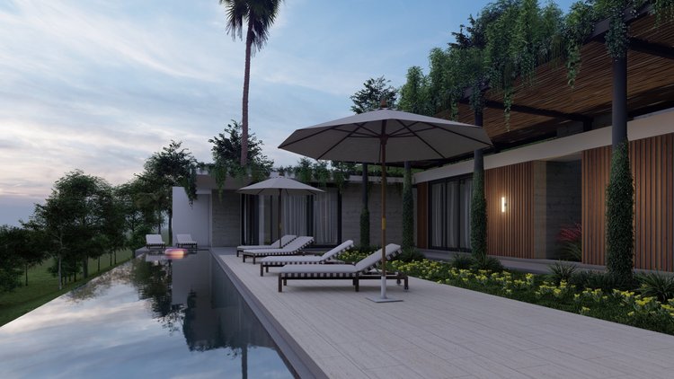 Modern house with a swimming pool, sun loungers, and umbrellas outside, surrounded by trees and landscaped garden, during dusk.