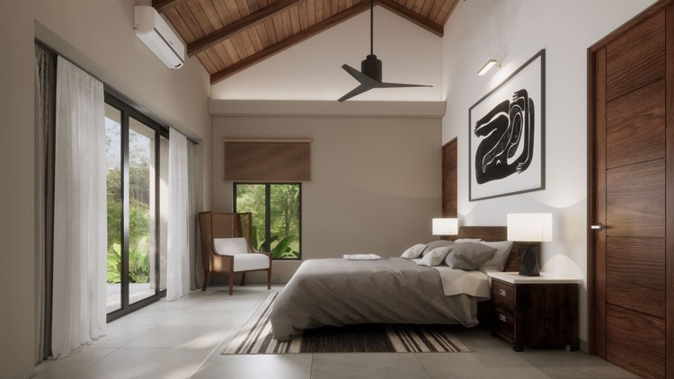 A modern bedroom with a wooden vaulted ceiling, sliding glass door with white curtains, a bed with gray bedding, a wooden headboard, two white lamps on bedside tables, a black and white abstract artwork on the wall, a dark chair next to a window, and