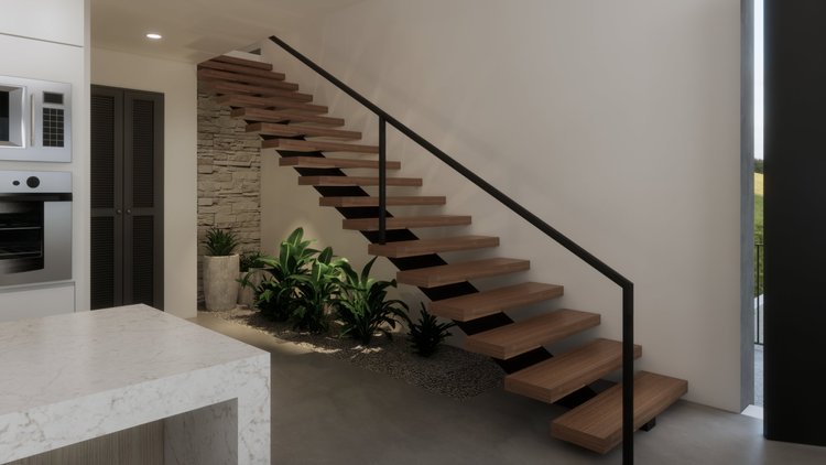 Modern interior with wooden staircase, potted plants, and stone accent wall
