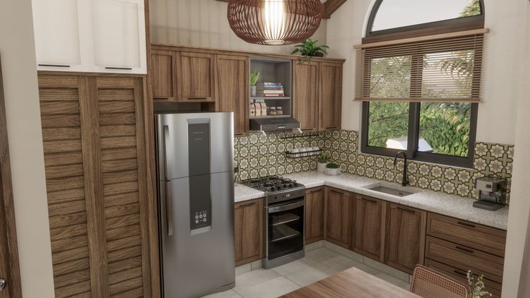 Modern kitchen with wooden cabinets, a stainless steel refrigerator, a gas stove, a beige countertop with a patterned tile backsplash, a sink under a large window with wooden blinds, and a coffee machine on the counter.