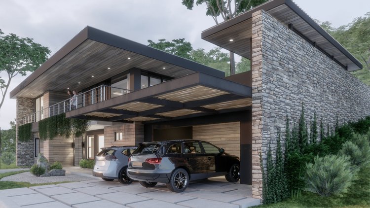 Modern two-story house with stone and wood exterior, outdoor balcony, and a two-car garage with two cars parked, surrounded by greenery and trees.