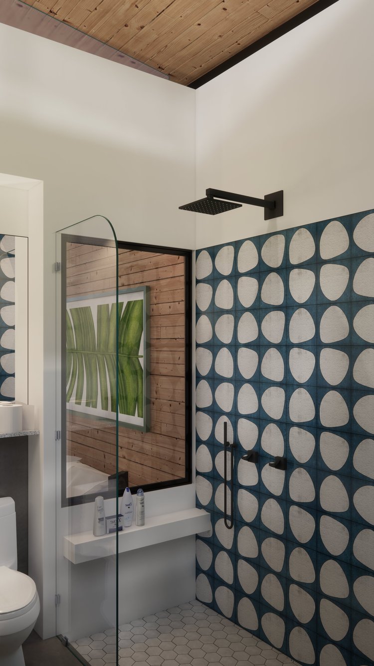 Modern bathroom with patterned blue and beige tiles, black showerhead, shower fixtures, and a wooden ceiling with a partial wall mirror and decor.