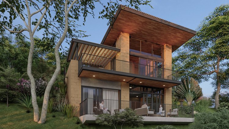 Modern multi-story house with large glass windows, surrounded by trees and plants, featuring multiple outdoor balconies with seating areas.
