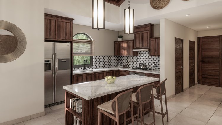 Modern kitchen with wooden cabinets, granite countertops, and a black and white geometric backsplash. Stainless steel refrigerator and a kitchen island with counter chairs.