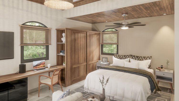 Modern bedroom with a white bed, wooden closet, and small bedside tables, featuring windows with blinds, a ceiling fan, and a work desk with a chair and computer.